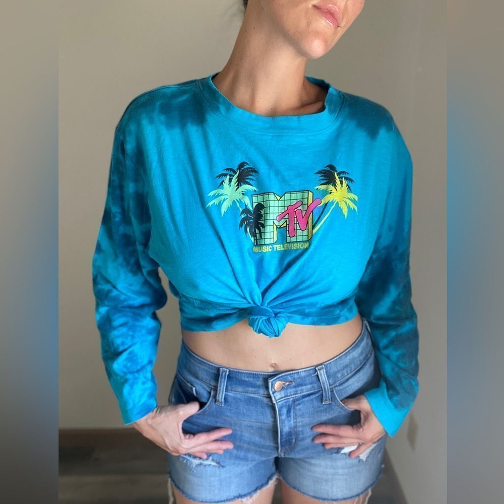 MTV Boxy Crop Top Blue Tie Dye Long Sleeve Plus XXL